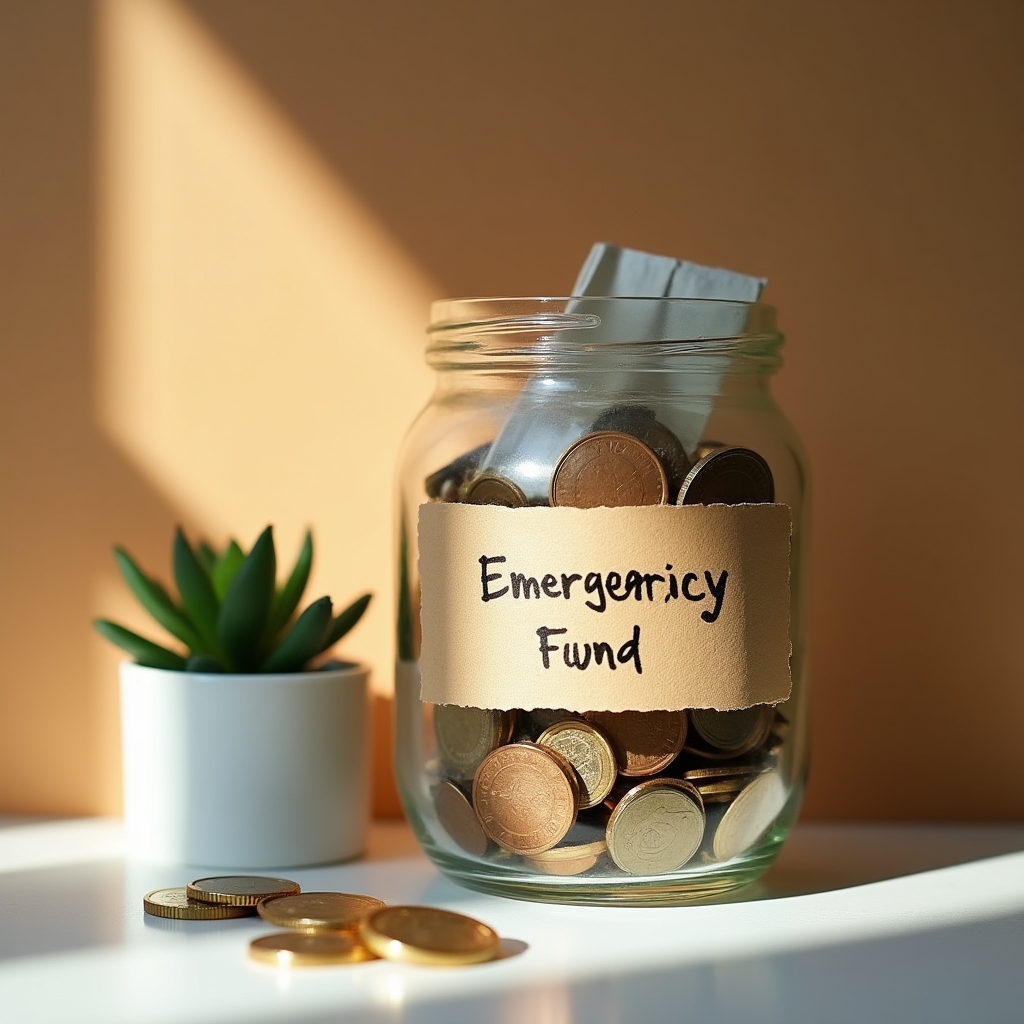Jar of savings coins with green plant growing symbolizing financial growth