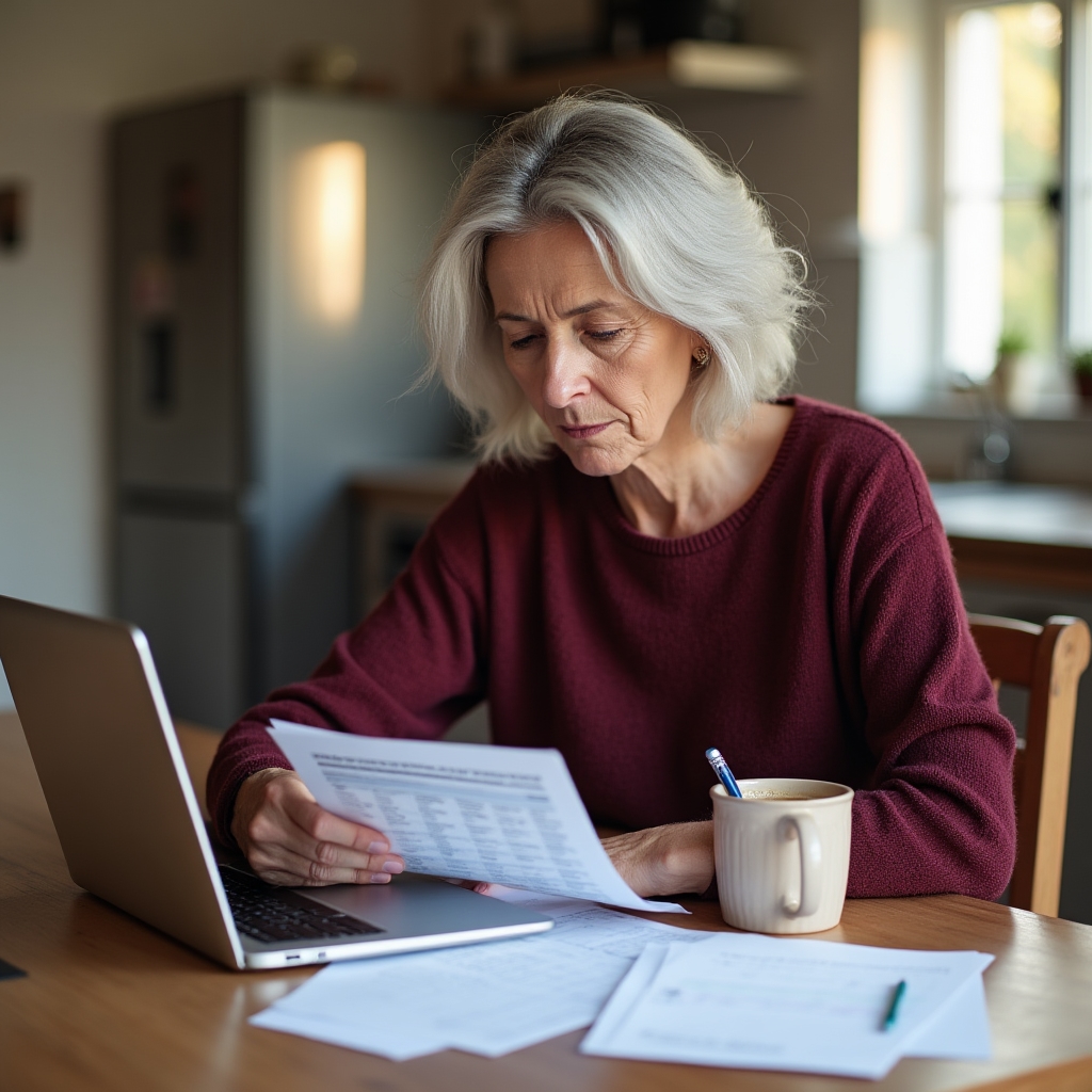 Person reviewing monthly budget spreadsheet at desk with coffee