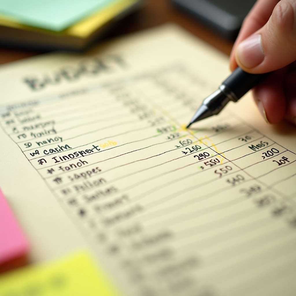 Close-up of a budget worksheet with handwritten notes and colored pens