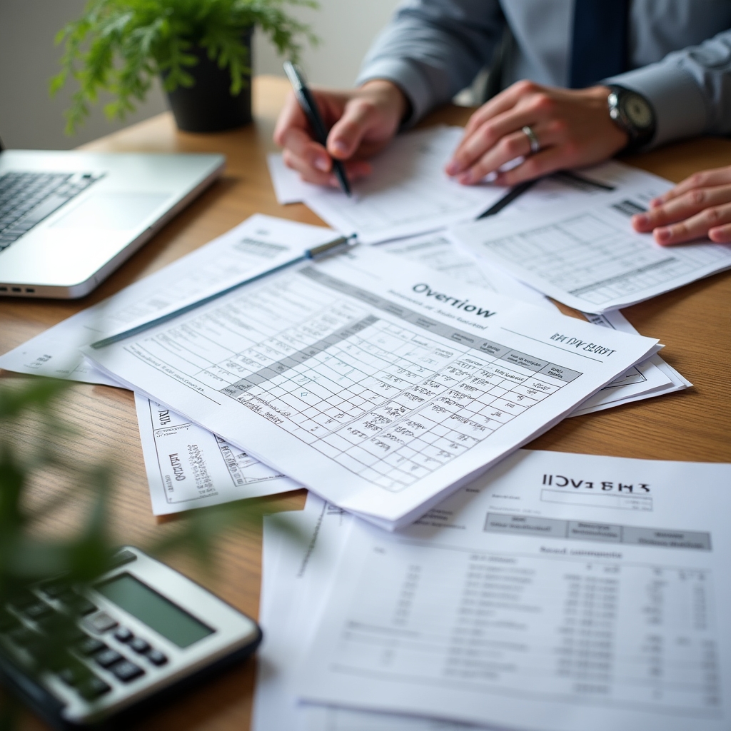 Debt management course visual showing organized paperwork and calculator