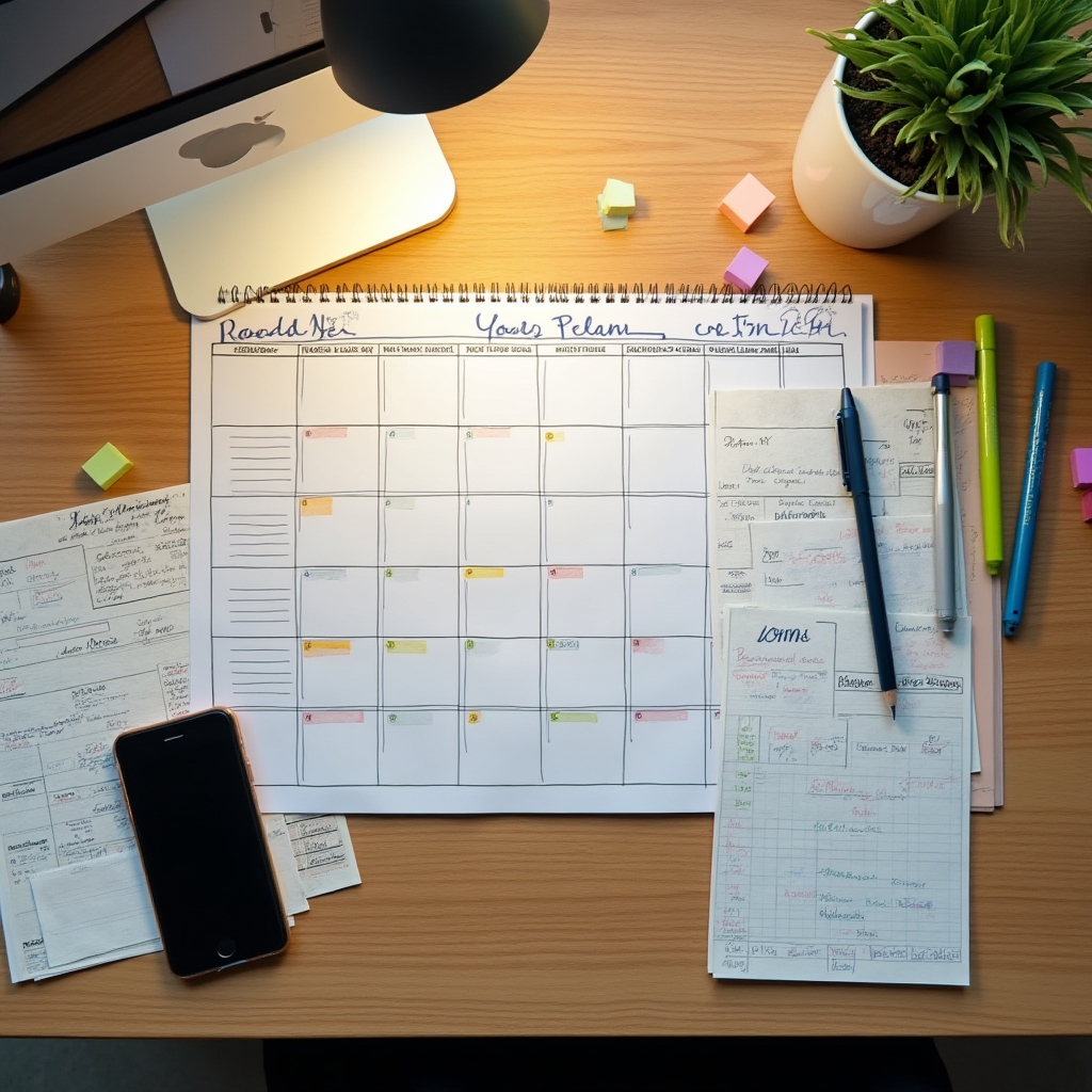 Organized planning notes and financial calendar spread on wooden desk
