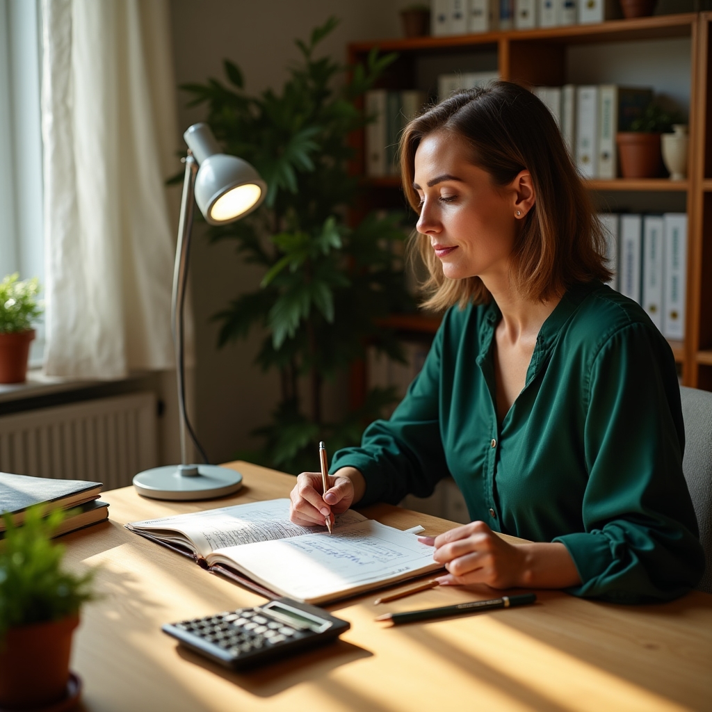 Person planning home budget at organized desk with notebook and calculator